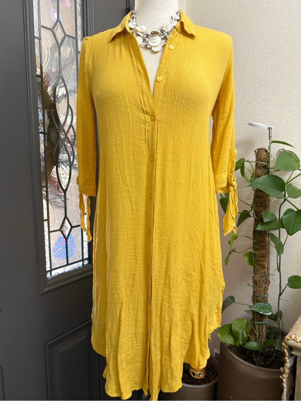 Mlle Gabrielle Mustard Yellow Textured Button Front Shirt Dress | Size S - Picture 2 of 8